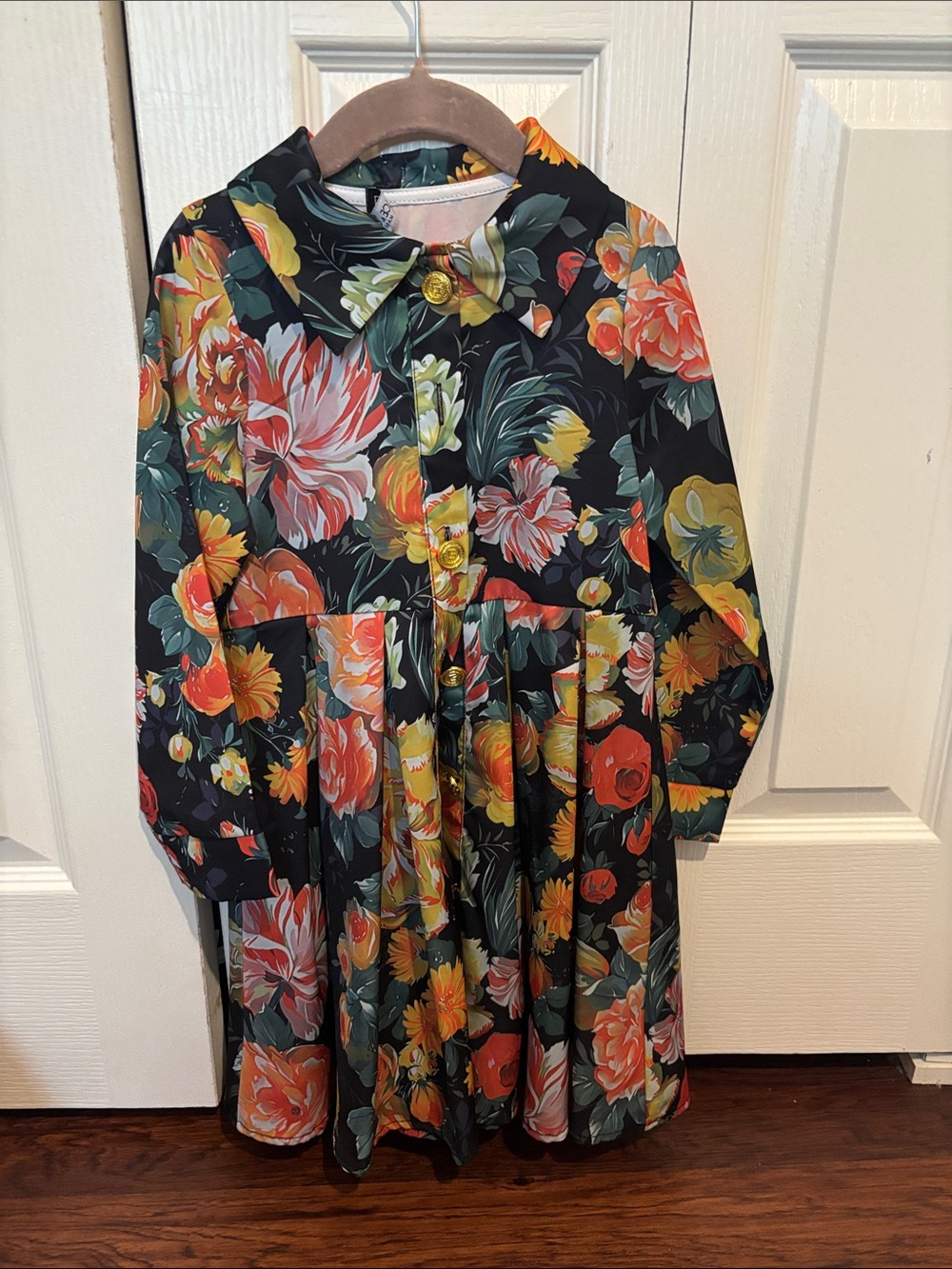 Girls Floral Button-Front Long Sleeve Dress - Black with Orange & Yellow Blooms